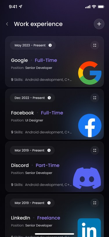 Work experience screen listing positions as modular cards