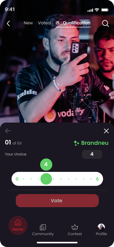 Voting step 1 of 3 — Brandneu score slider in green