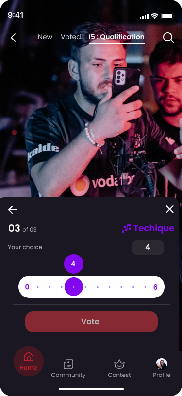 Voting step 3 of 3 — Technique score slider in purple