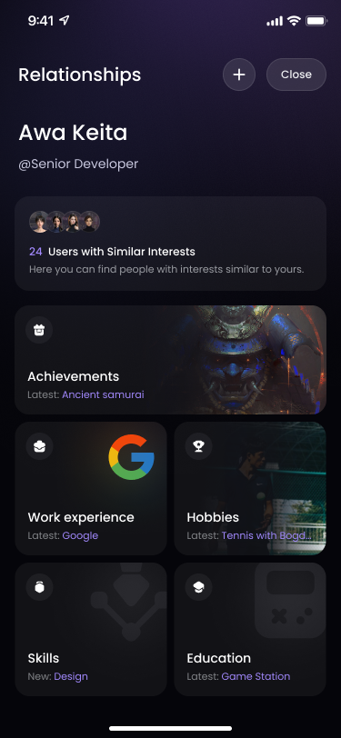 Relationships screen with achievements, work experience, hobbies, skills and education