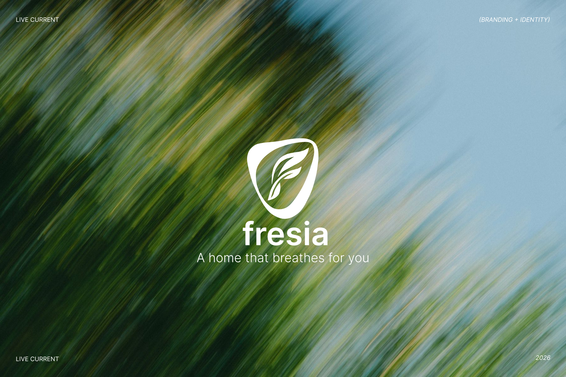 Fresia brand identity — white logo and tagline on a motion-blurred green and blue cover