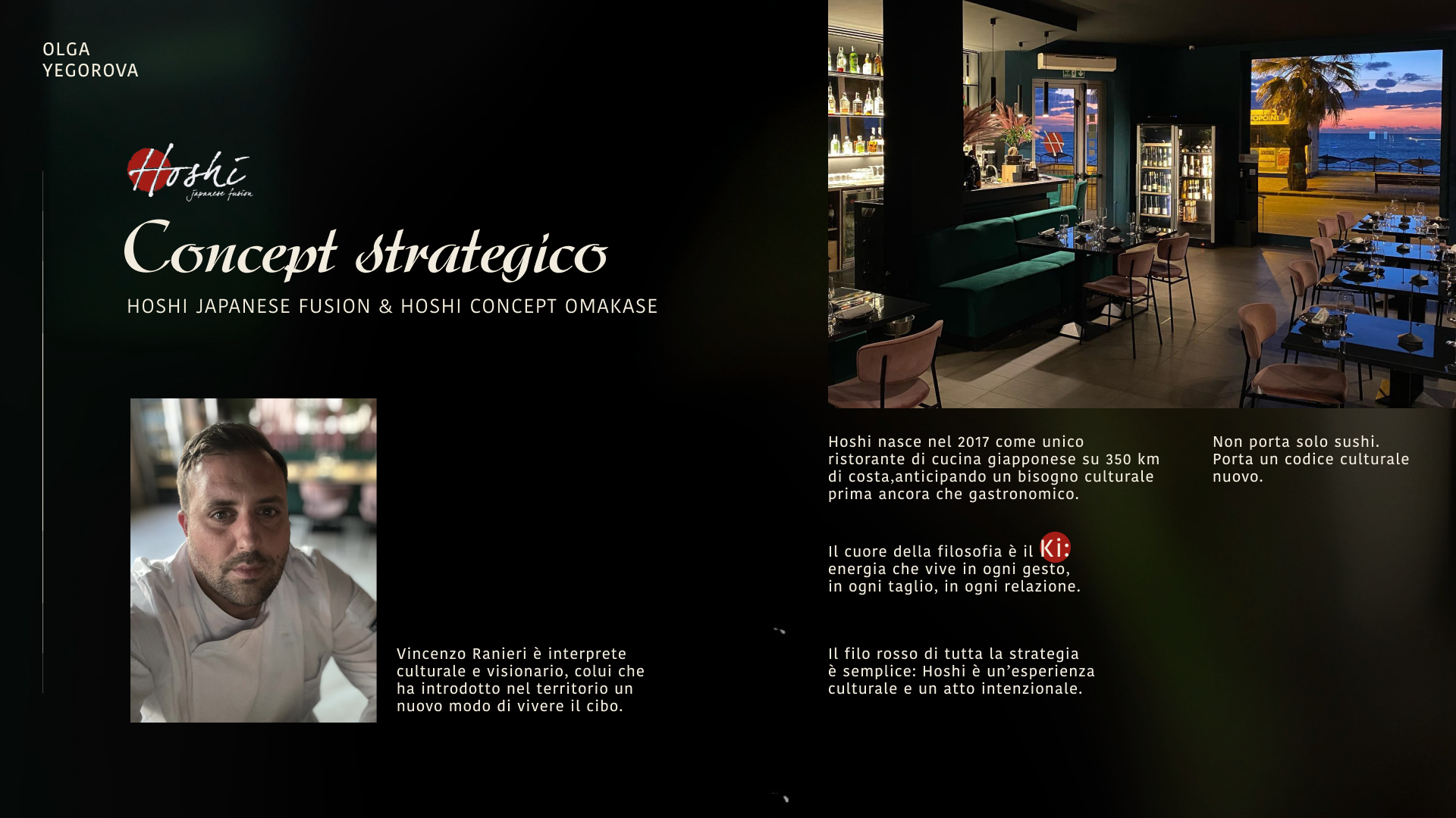 Concept strategico slide — restaurant interior, chef portrait and brand philosophy