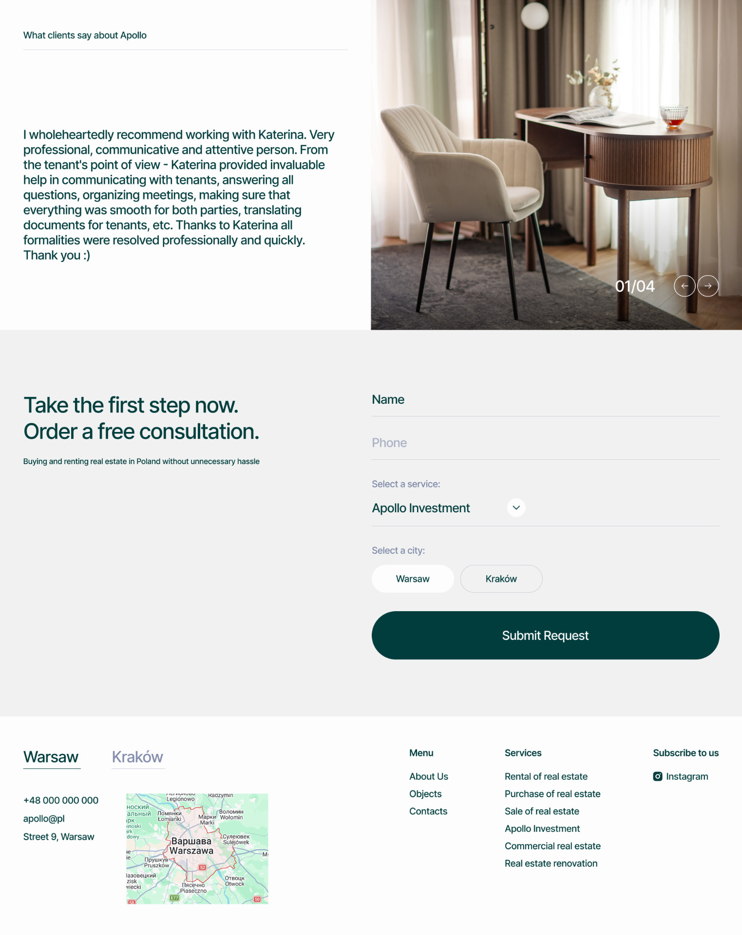 Apollo testimonials, contact form and footer