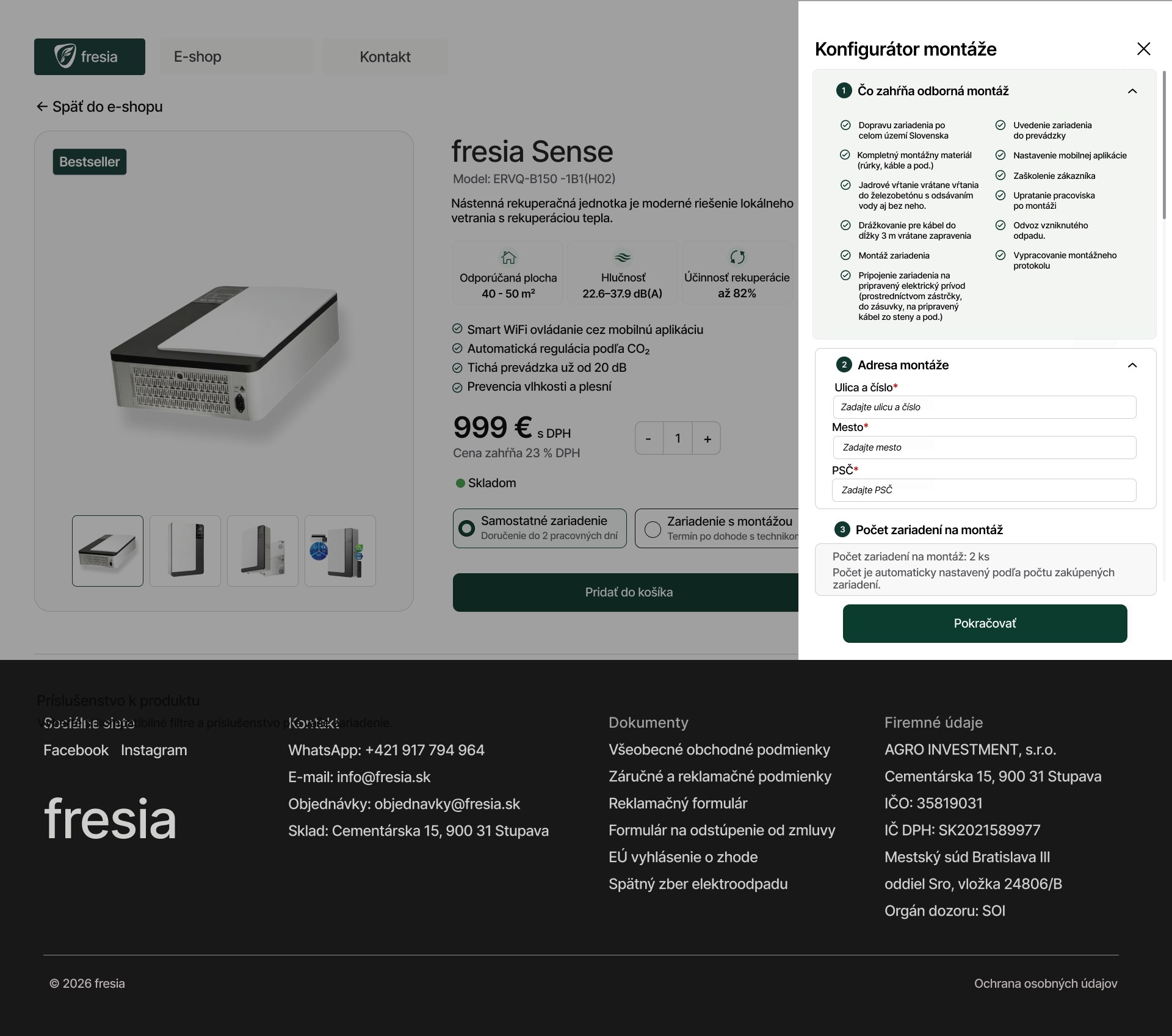 Product page with the installation configurator open as a side panel