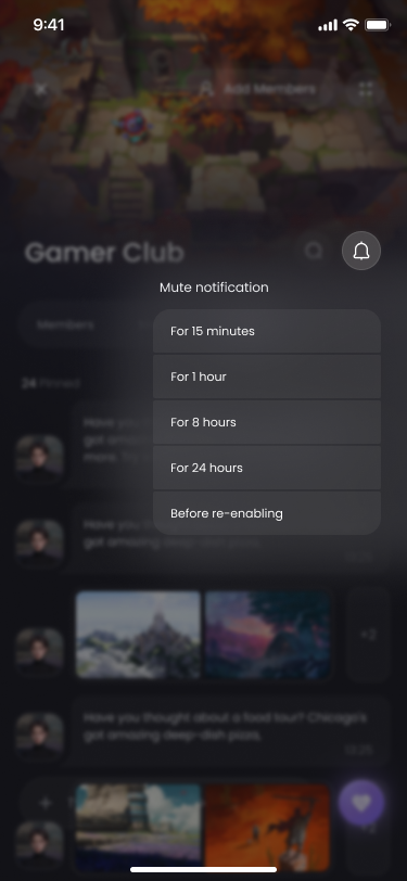 Mute notification menu over the community screen