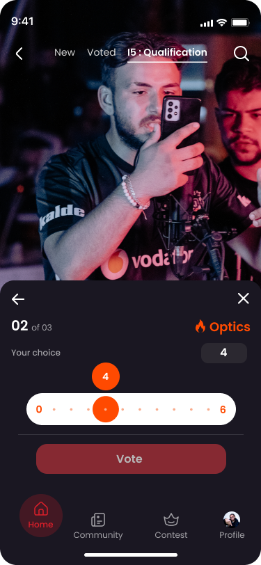 Voting step 2 of 3 — Optics score slider in orange