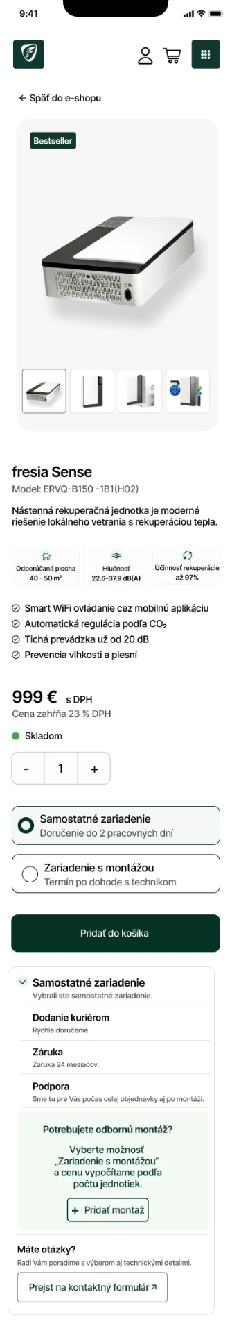 Fresia product detail on mobile — price and installation selection