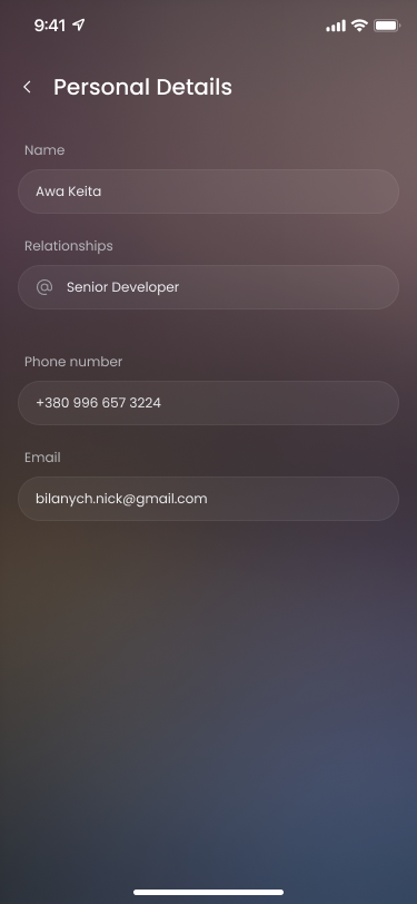 Personal details form with name, relationships, phone and email