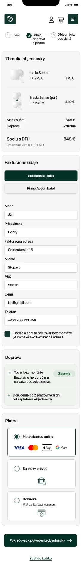 Fresia mobile checkout — order summary first, then customer details, delivery and payment