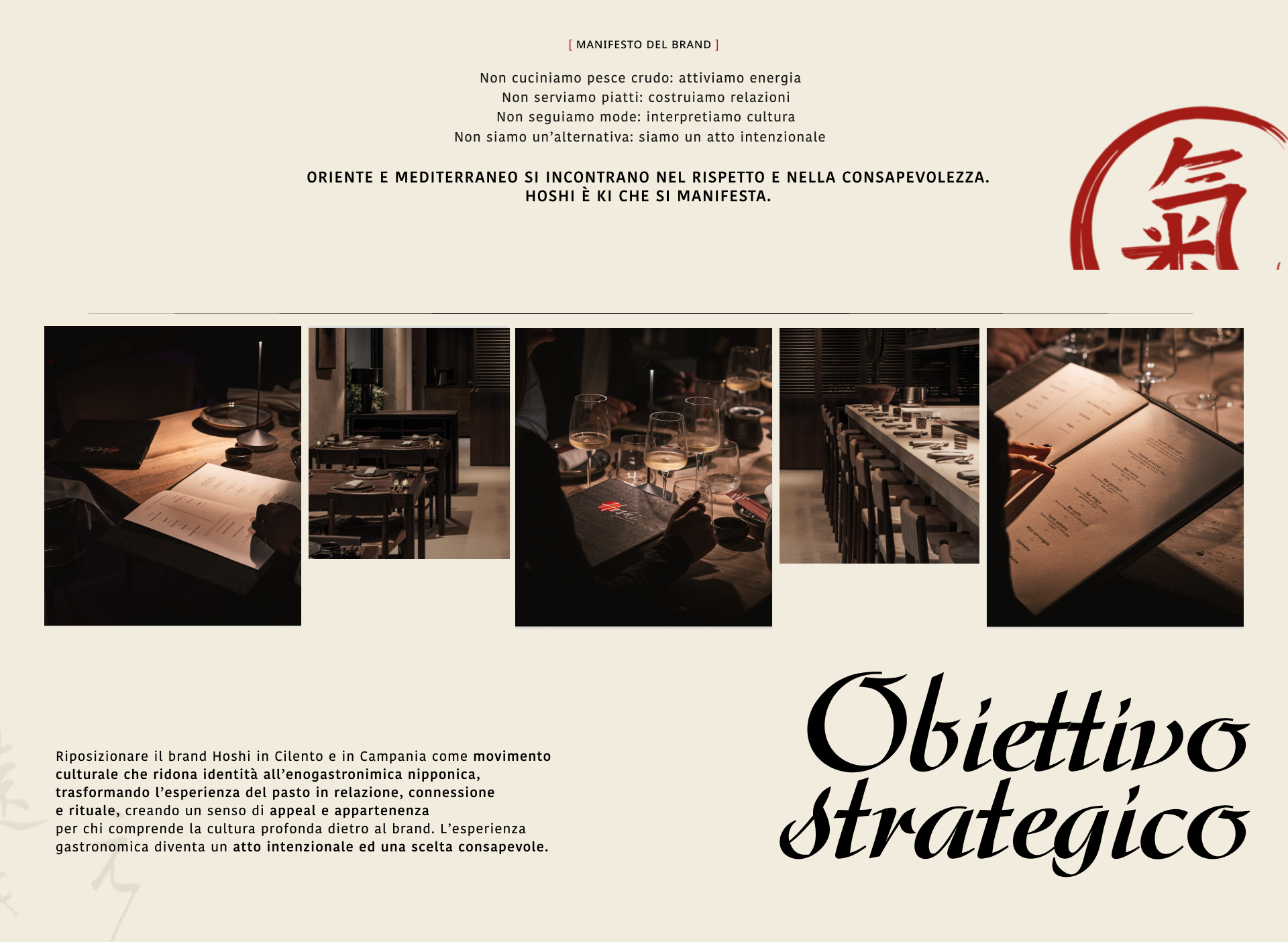 Obiettivo strategico slide — brand manifesto and atmospheric dining photography