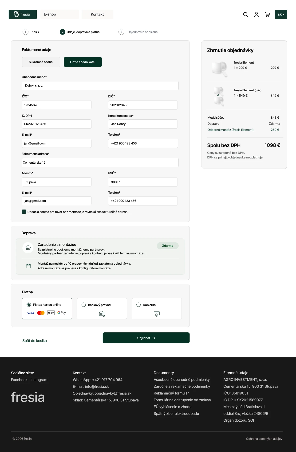 Fresia desktop checkout — billing, delivery, payment and order summary