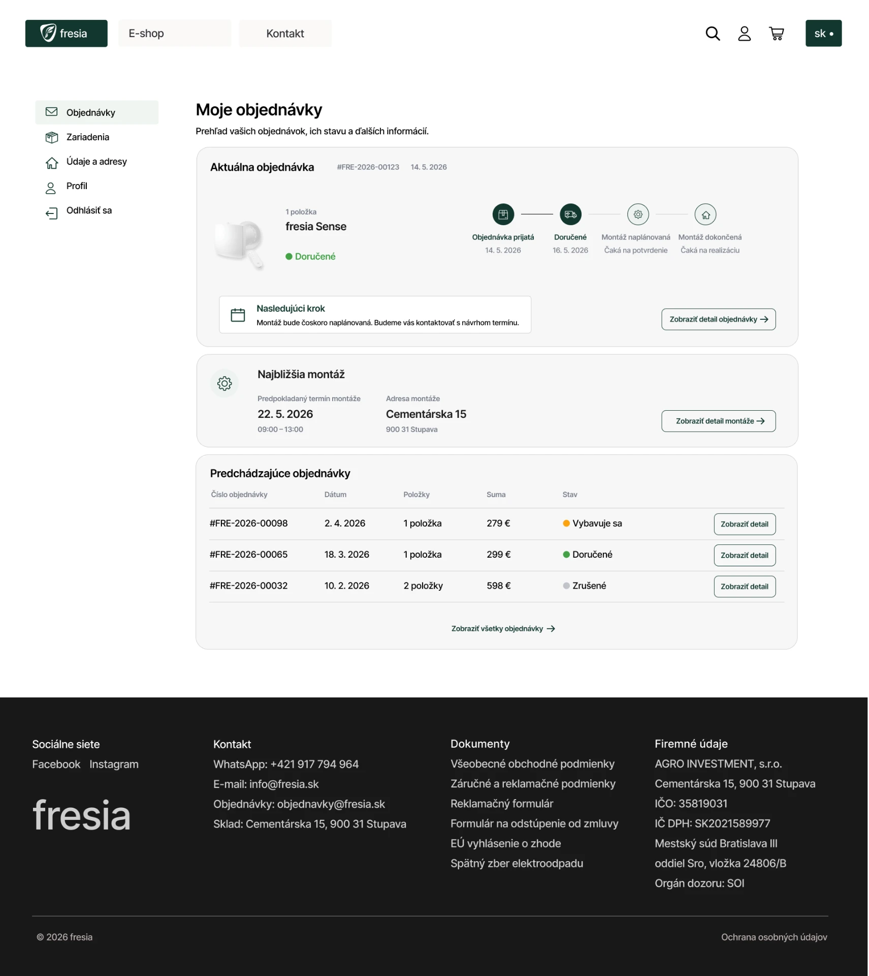 Fresia customer dashboard — current order progress, upcoming installation and past orders