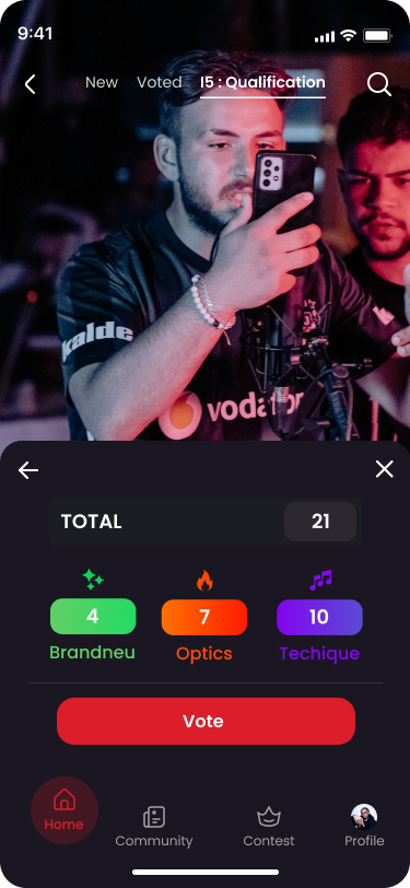 Voting summary with Brandneu, Optics and Technique scores and a total of 21